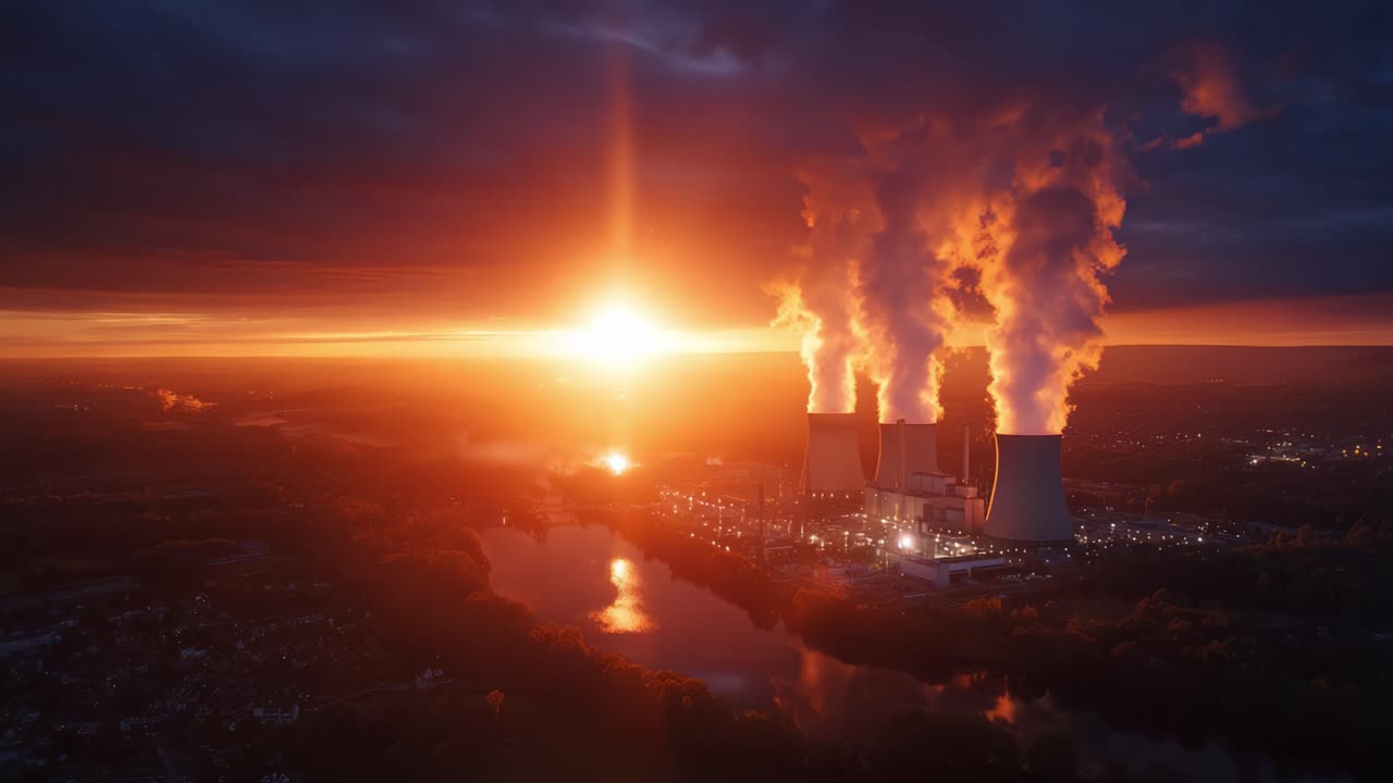 Dramatic Sunrise Over Industrial Power Plant Surrounded by Mist and Reflective Water, Highlighting Steam Emissions Against a Colorful Sky at Dawn