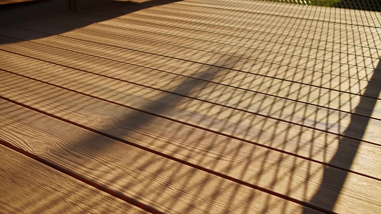 Warm evening sunlight casts a crisp grid of shadows across a wooden outdoor deck, with soft plant shadows and a dark border creating a quiet abstract background