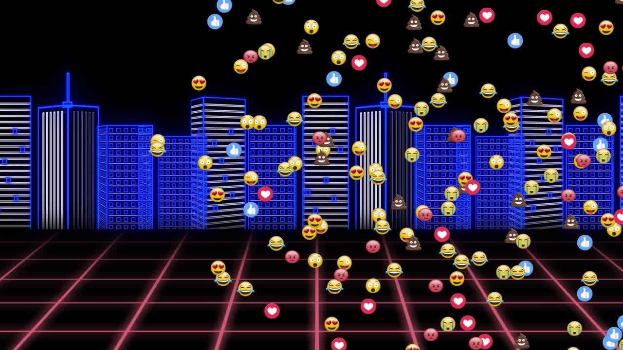 검은 바탕에 3d 도시 모델 위에 떨어지는 여러 이모티콘의 디지털 애니메이션