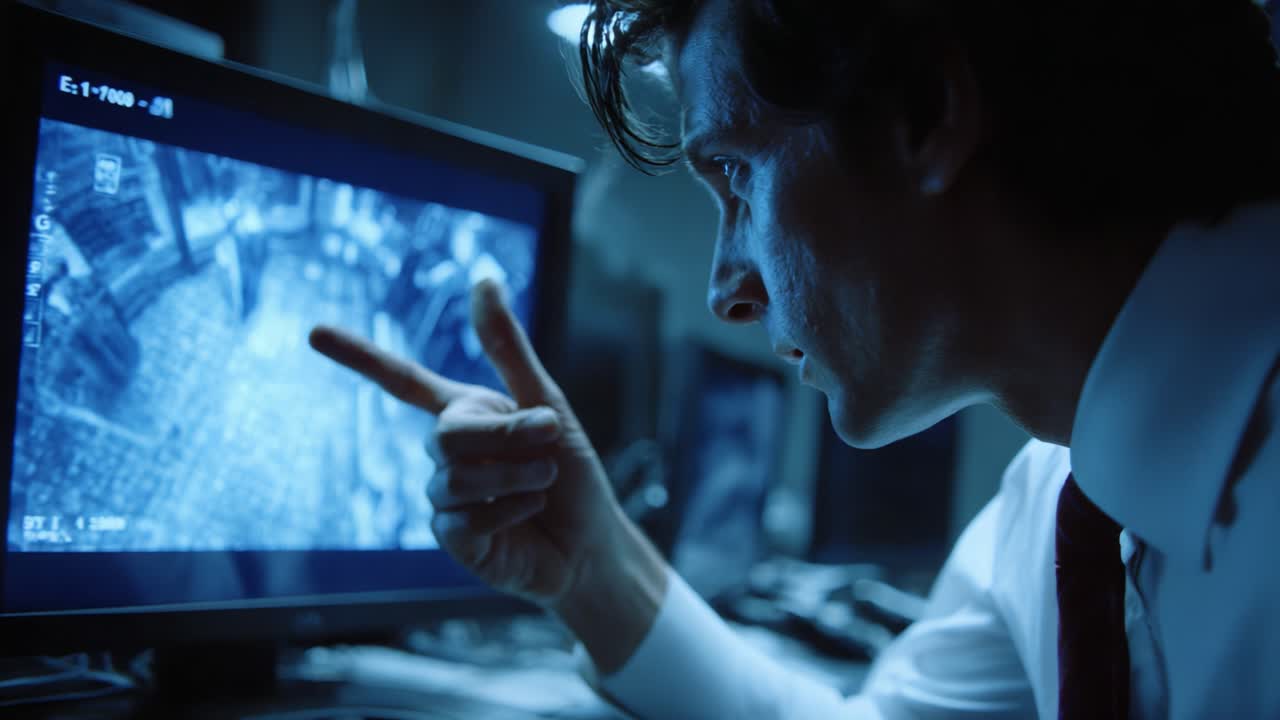 A Close Examination of Surveillance Footage: An Intense Moment as a Man Analyzes Details on a Monitor, Highlighting the Significance of Clear Observation