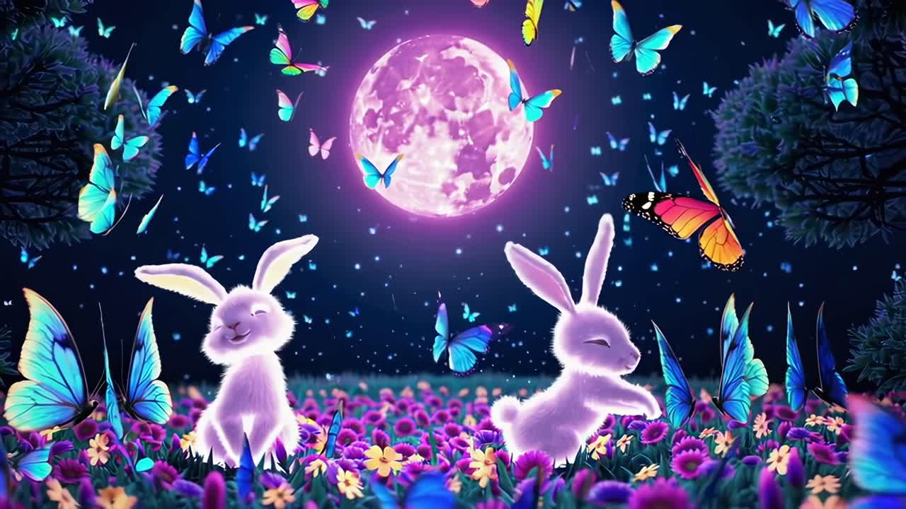 Whimsical video scene with glowing rabbits and butterflies under a full moon