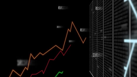 Animation-of-graphs,-processing-data-and-network-transferring-data-on-black-background