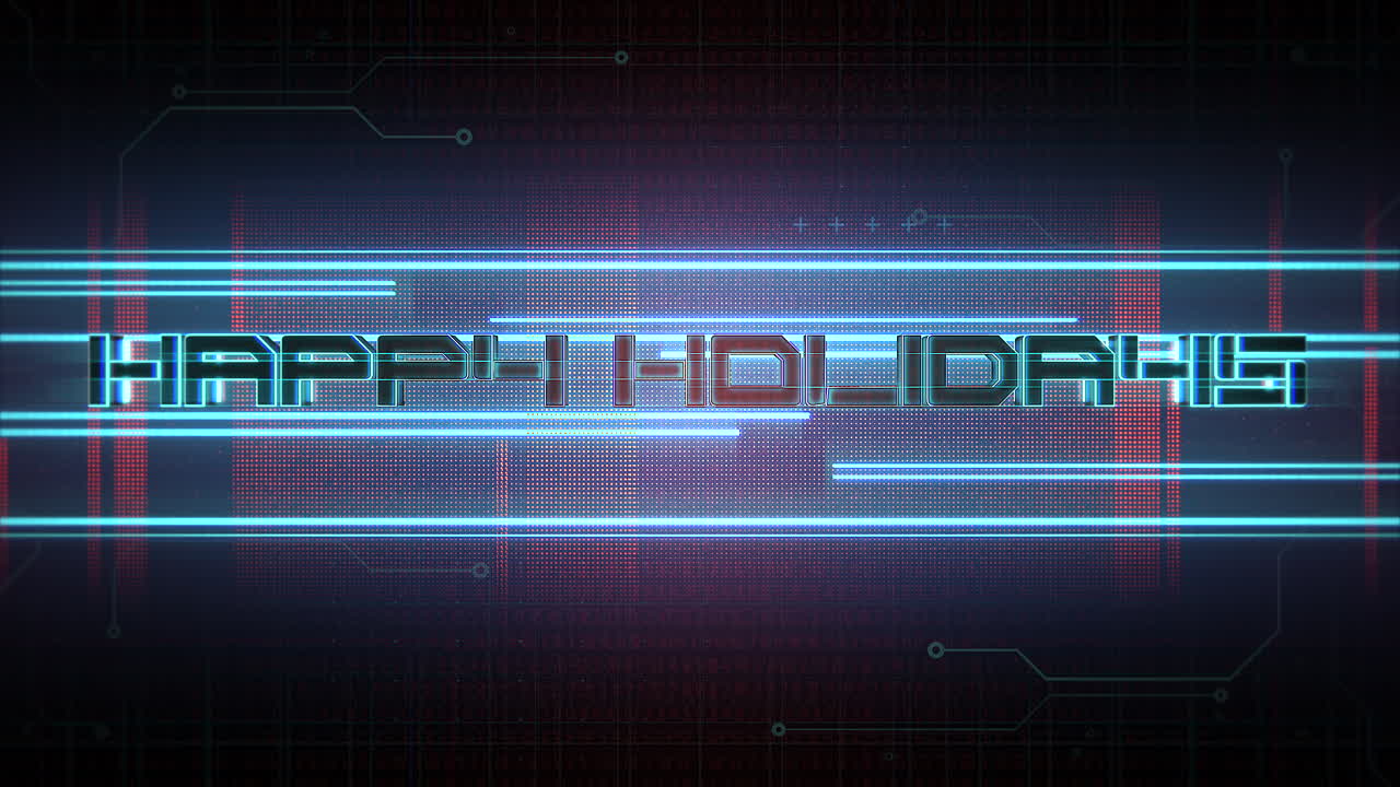 Happy Holidays on cyberpunk screen with HUD elements and numbers
