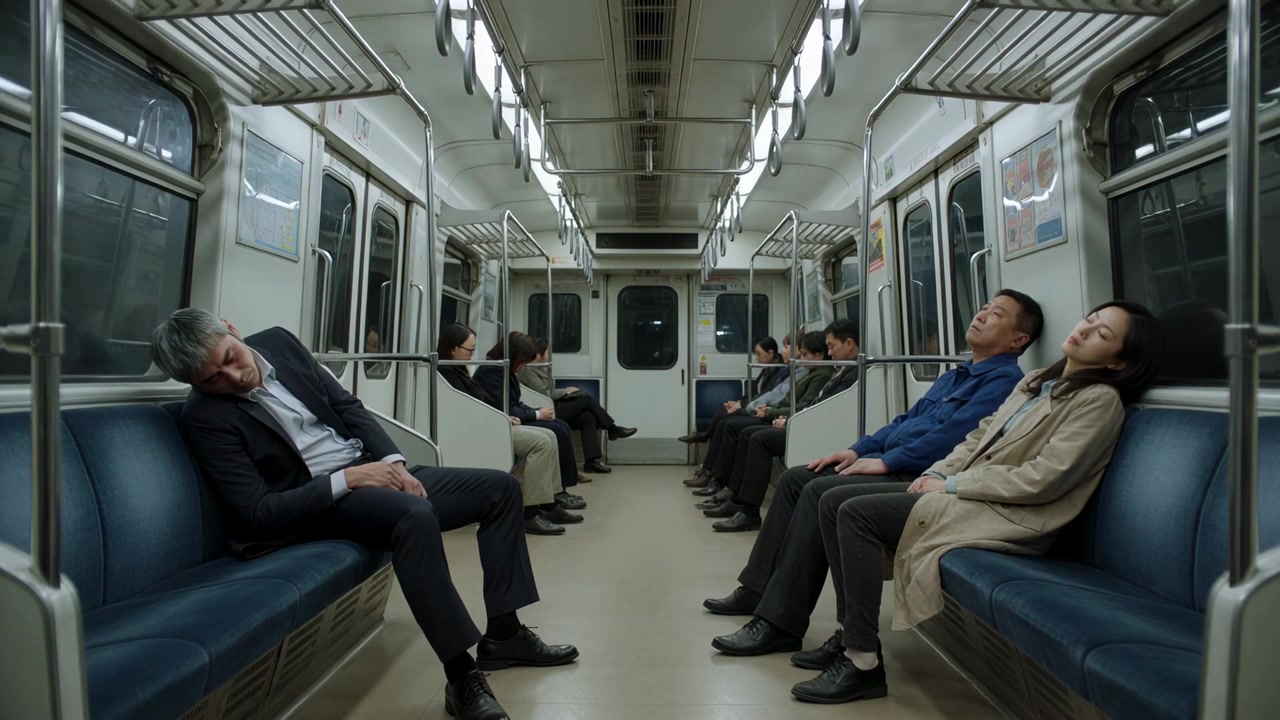 Dozing commuters slumping in subway car night, man dark suit, pair in blue jacket beige trench