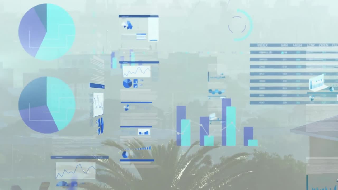 Animation of screens with statistical data processing against aerial view of cityscape