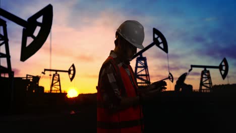 side view of asian male engineer with safety helmet using smartphone and looking around while standing in front of the oil pumps, during sunset or sunrise time