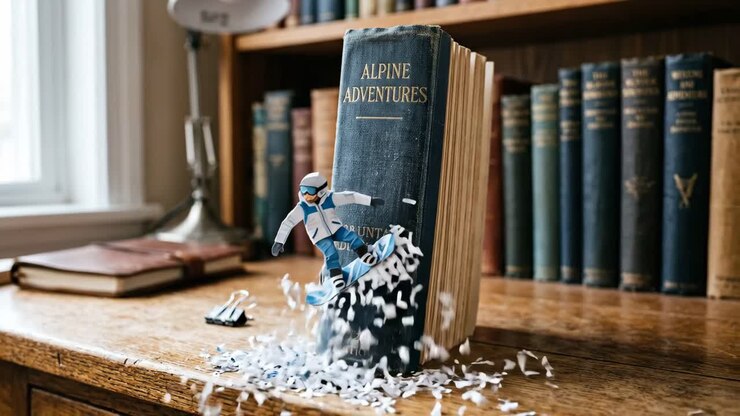 Statuetta di snowboarder in miniatura che scivola giù da un vecchio dorso di libro