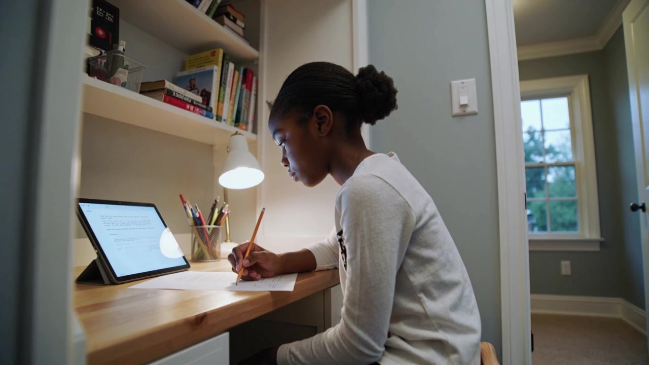 Writing teen copying tablet with pencil at home desk nook long-sleeve mother entering with laundry