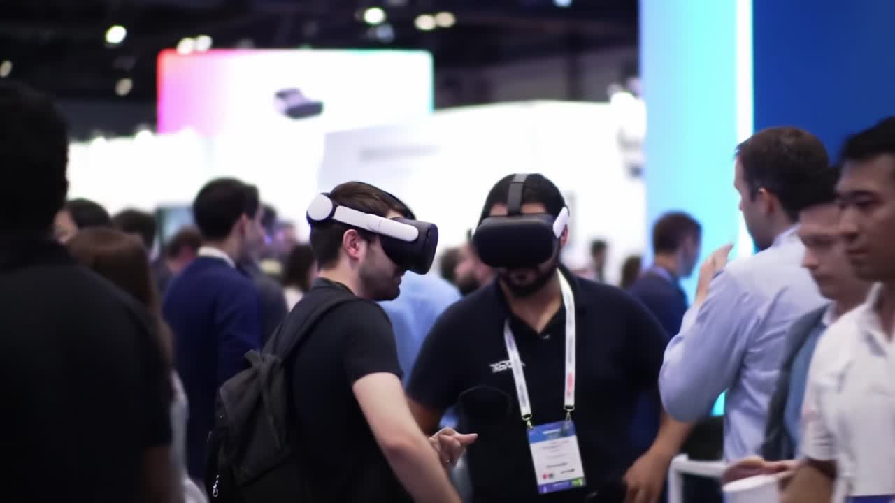 A Dynamic Networking Scene at an Interactive Technology Event, Showcasing Engaged Attendees Experimenting with Virtual Reality Experiences Among Enthusiastic Participants