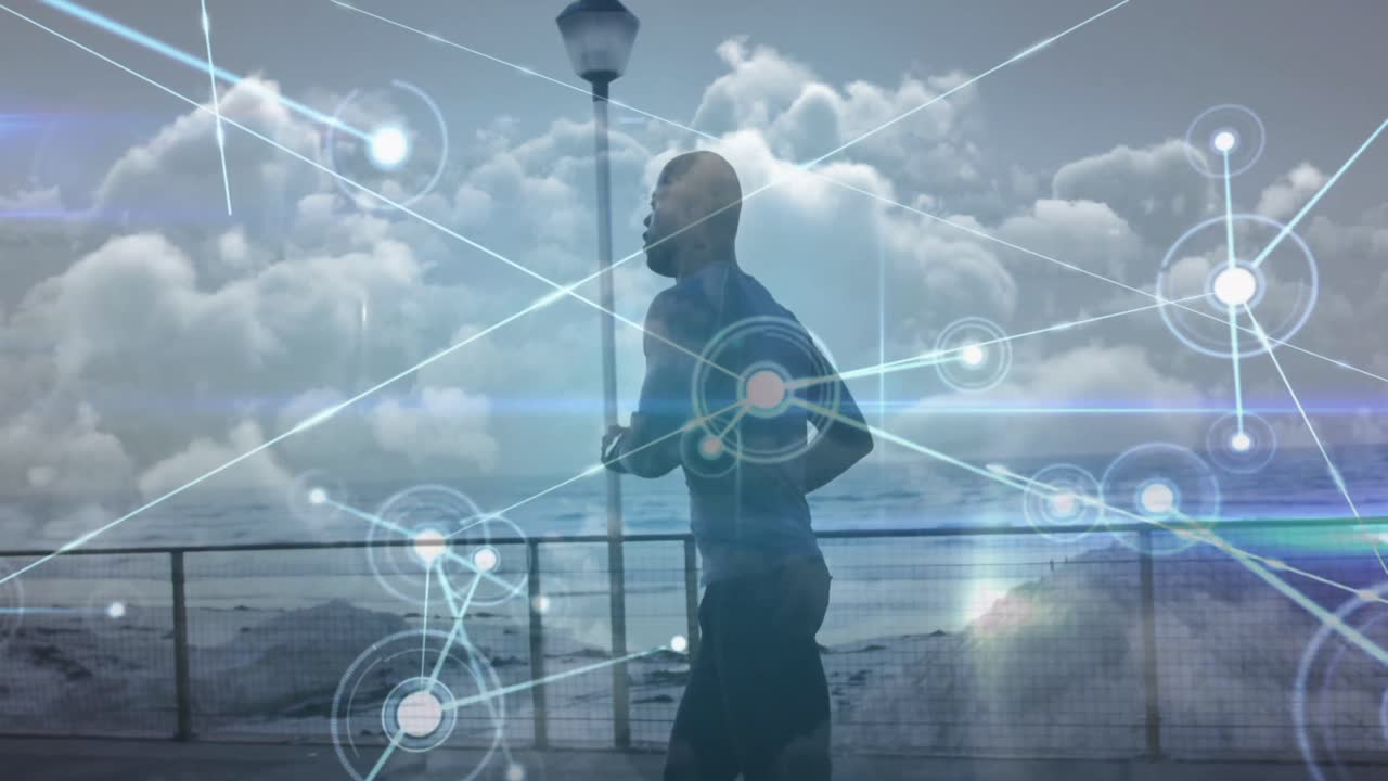 Animation of network of connections over an exercising african american man