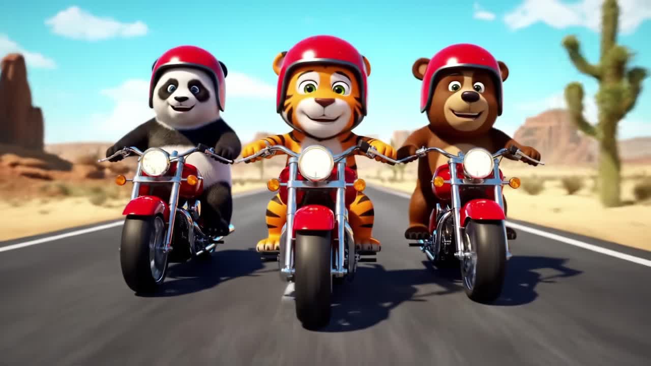 Three Adventure-Seekers: A Fun Journey with Animated Animal Characters on Motorcycles in a Colorful Desert Landscape, Showcasing Friendship and Freedom of the Open Road
