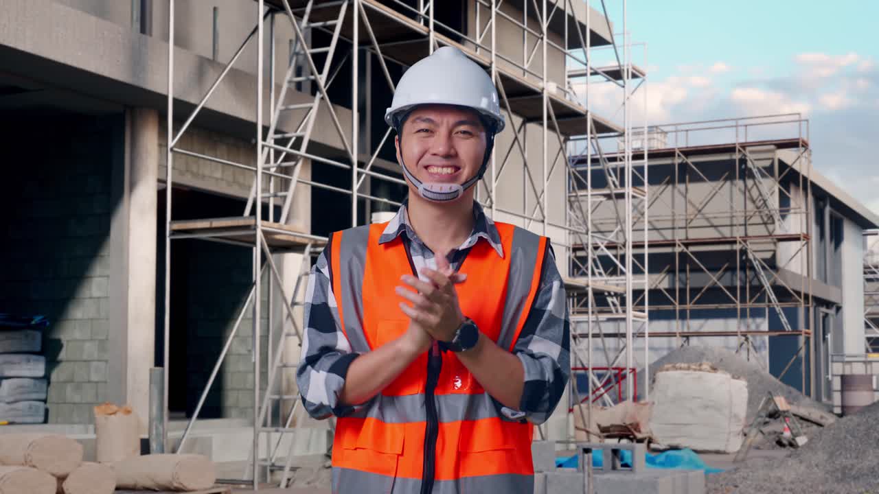 Asian Male Engineer With Safety Helmet Smiling And Clapping His Hands While Standing At Building & Construction Site in Progress to New House