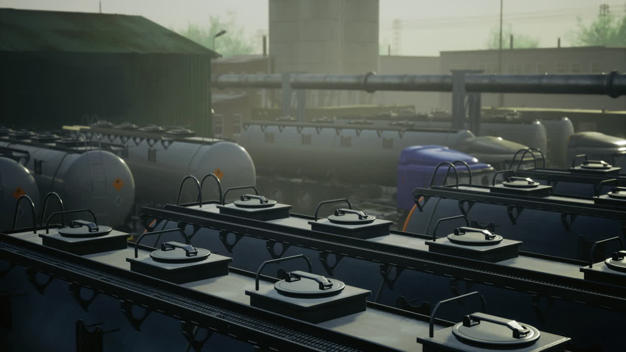 Industrial machinery and storage tanks at dawn in a quiet industrial area