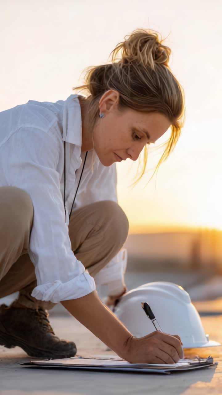 Engagierte, professionelle Frau, die bei Sonnenuntergang Baupläne analysiert und dabei die Essenz von Hingabe und Arbeit im Bauwesen einfängt