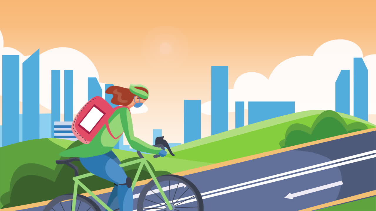 도로에서 자전거를 타고 배달 서비스 노동자 애니메이션
