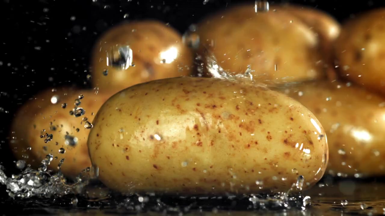 Acqua che schizza su patate fresche e crude su sfondo scuro.