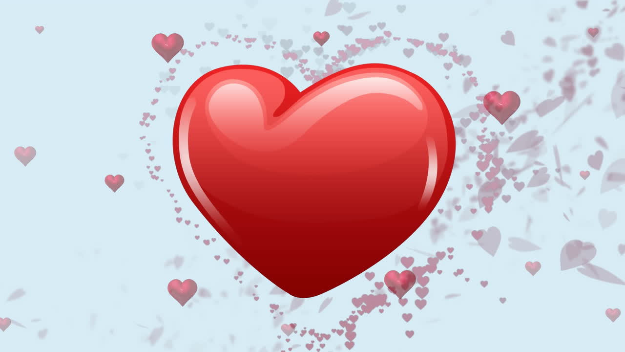 파란색 배경에 여러 개의 빨간색 심장의 애니메이션.