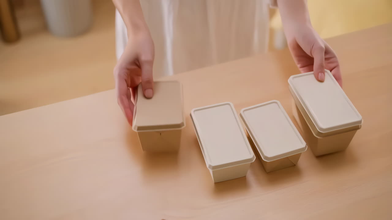 Hands Arranging Meal Prep Containers on a Table