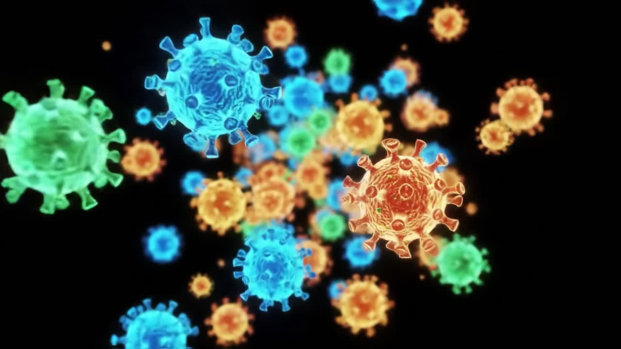 Colorful Microscopic View of Viruses in Motion, Showcasing Their Intricate Structures and Vibrant Colors Against a Dark Background to Highlight Their Complexity and Dynamics