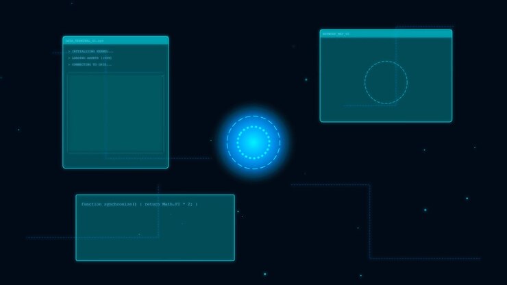Futuristic Digital Interface with Data Loading and Network Visualization