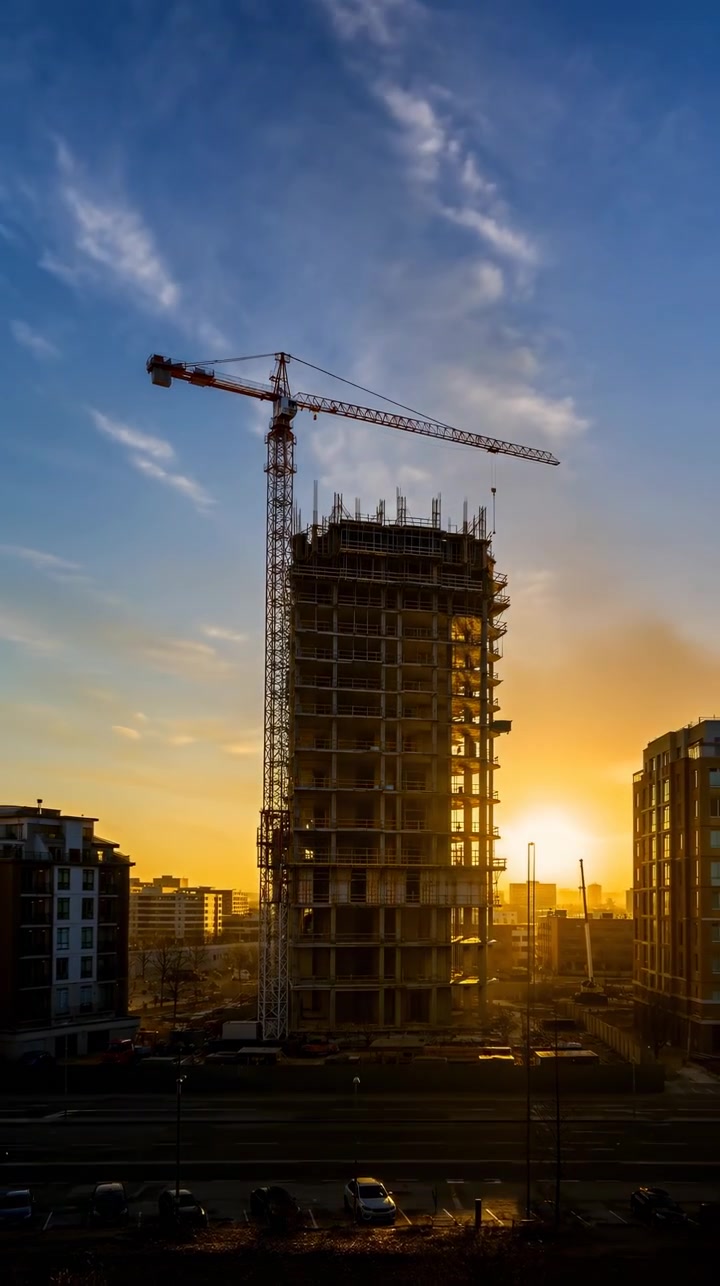 Una grúa torre se alza junto a una torre de hormigón sin terminar en un distrito urbano al atardecer, enmarcada por bloques de apartamentos, una carretera oscura y un horizonte resplandeciente bajo nubes azules veteadas, sugiriendo un crecimiento constante de la ciudad.