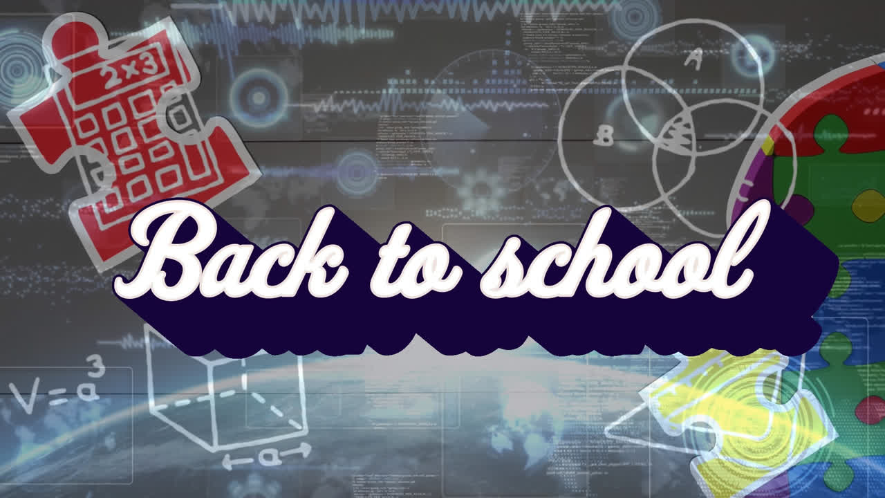 학교 아이콘과 퍼즐 위에 학교로 돌아가는 텍스트의 애니메이션