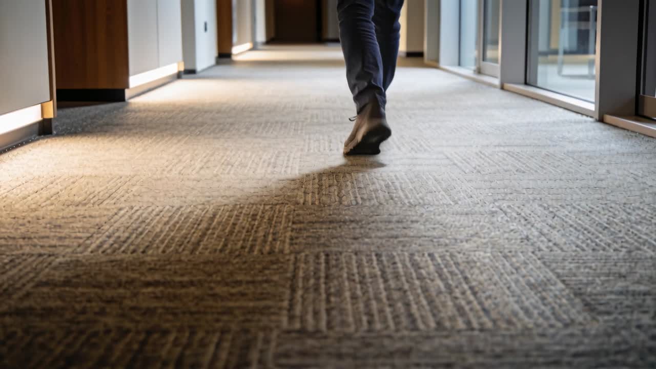Man walking hotel hall, heel lift starting low camera pullback toward doorway showing carpet, glass