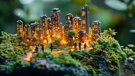 miniature cityscape with illuminated buildings and lush greenery at night