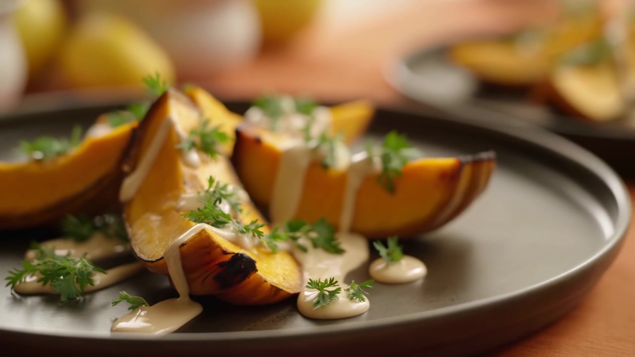Closeup Roasted Butternut Squash Slices Drizzled With Creamy Herb Sauce, Parsley Garnish And Caramelized Edges