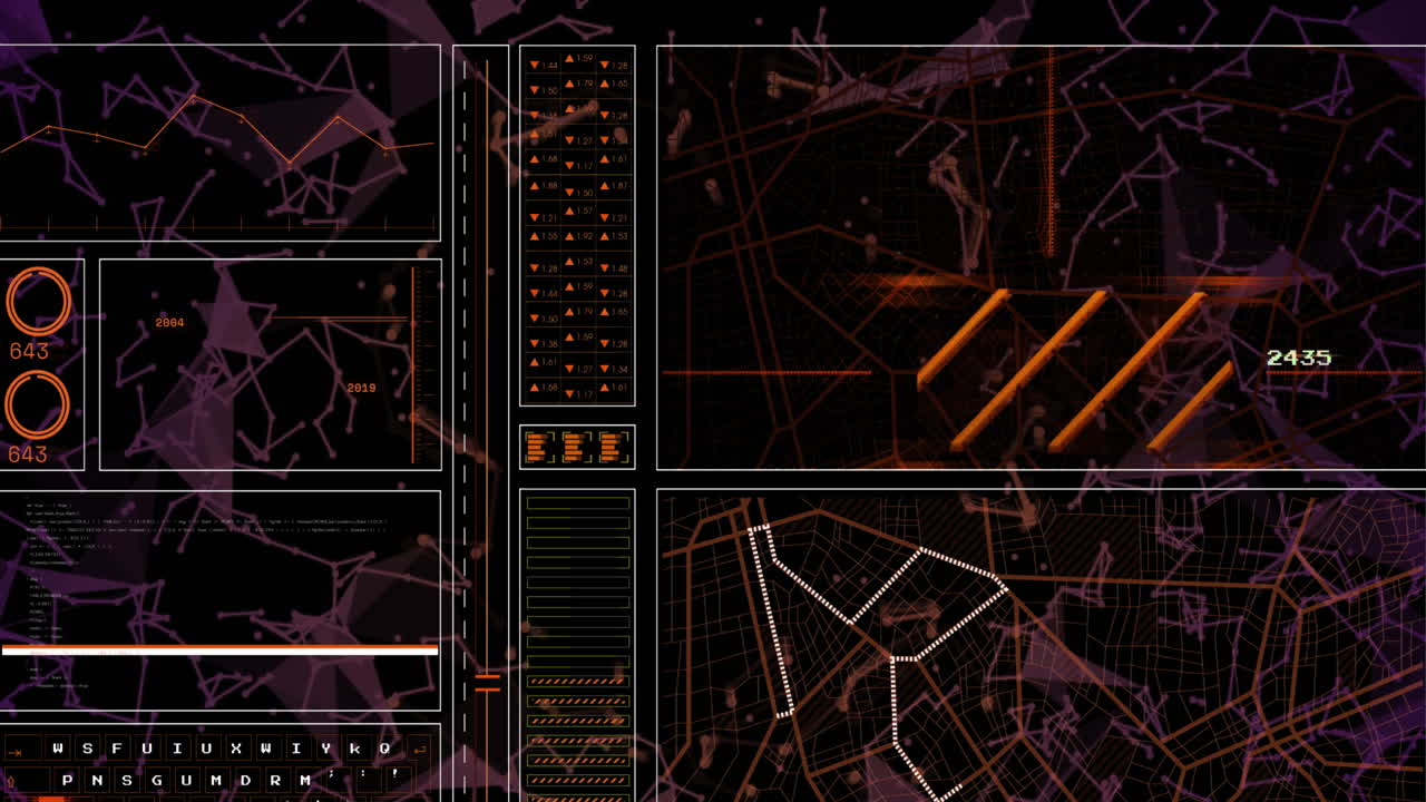 Animation of data processing over network of connections on black background