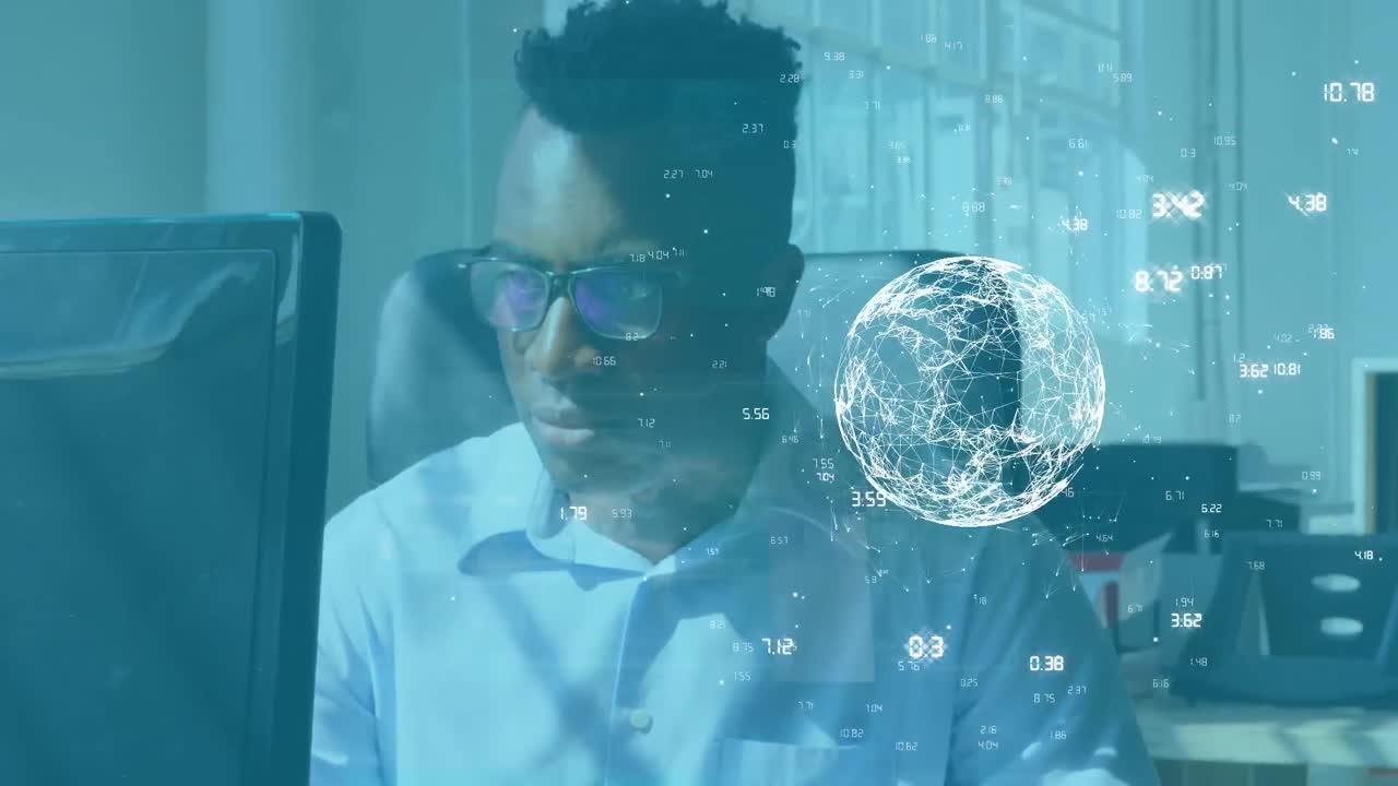 Globe of network of connections against african american man working at office