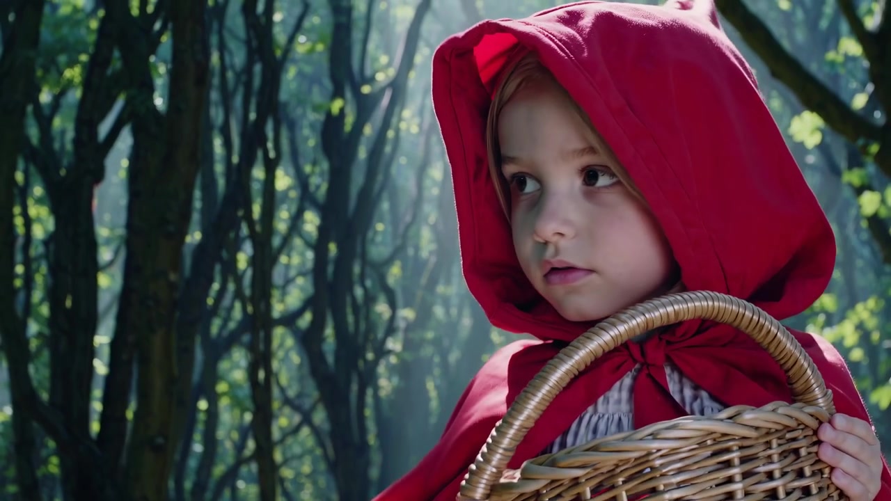Little Girl Dressed as Little Red Riding Hood Walking in Enchanted Forest