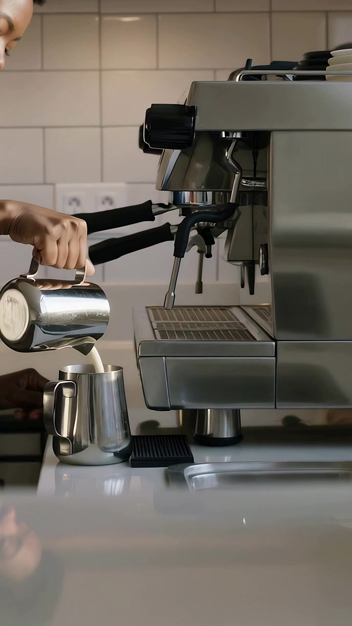Video verticale: Barista con top scuro inclina la brocca versando latte per riempire la lattiera al bancone del caffè, con spazio per il testo.