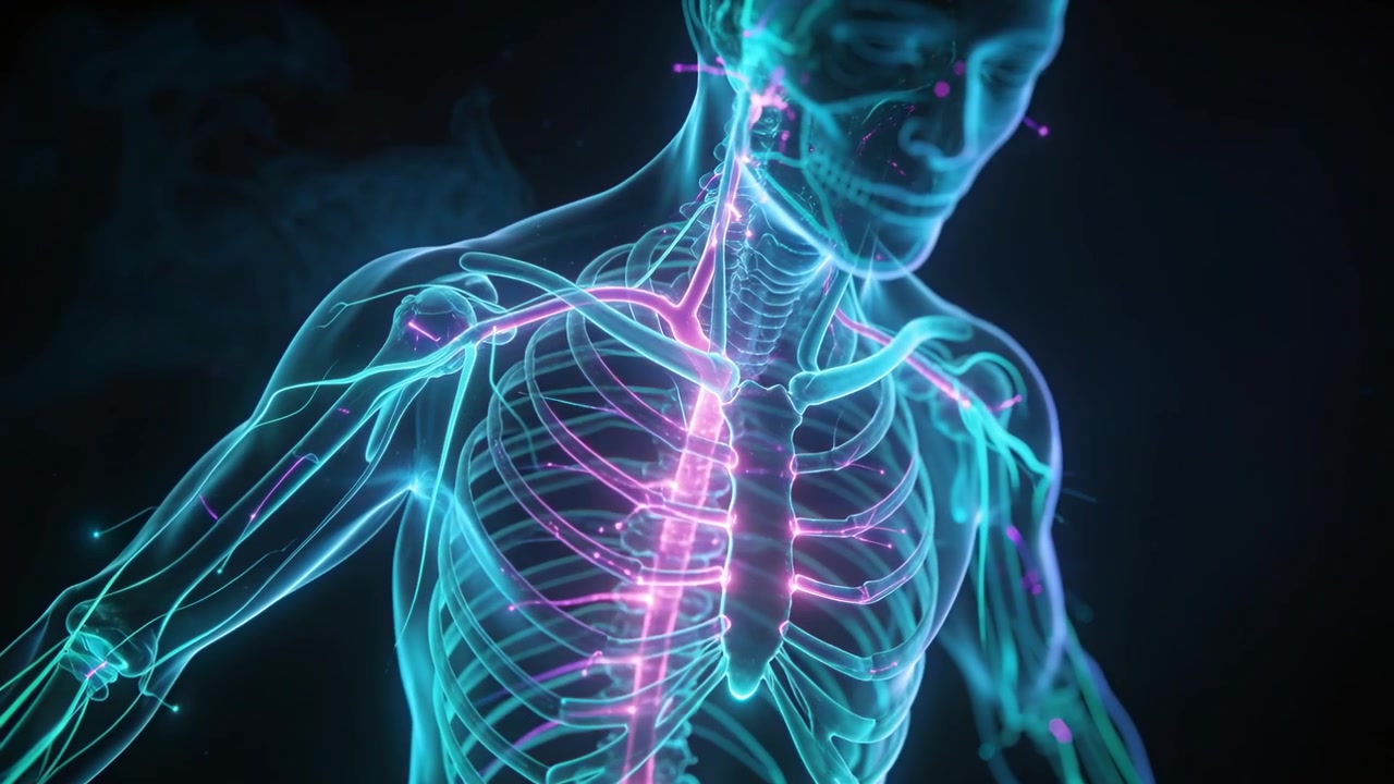 Rotating hologram torso showing pulsing magenta midline on startup in dark void, with cyan paths