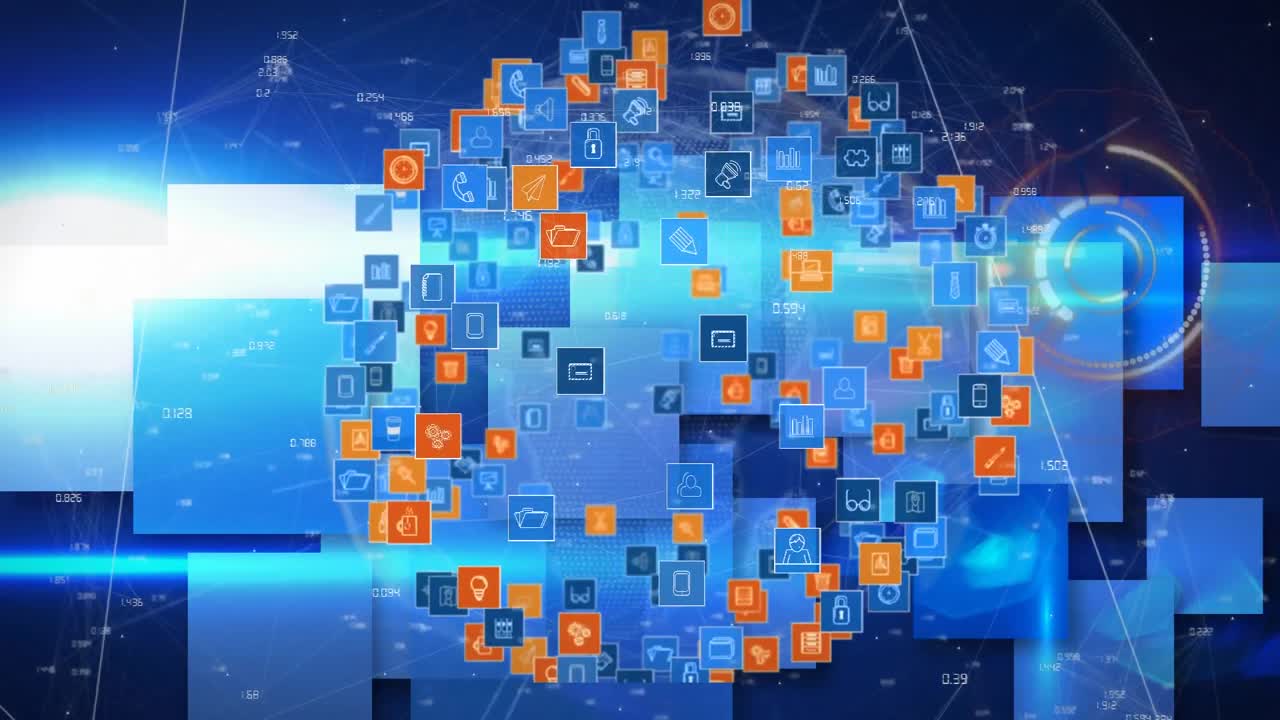 globo de iconos digitales girando y escáner redondo contra el diseño de forma cuadrada sobre fondo azul