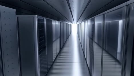 corridor of server racks in a modern data center