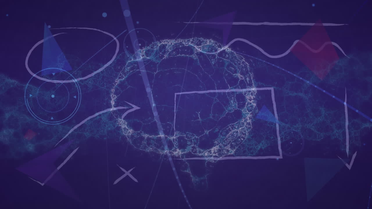 Animation of network of connections with human brain and dna strand on purple background