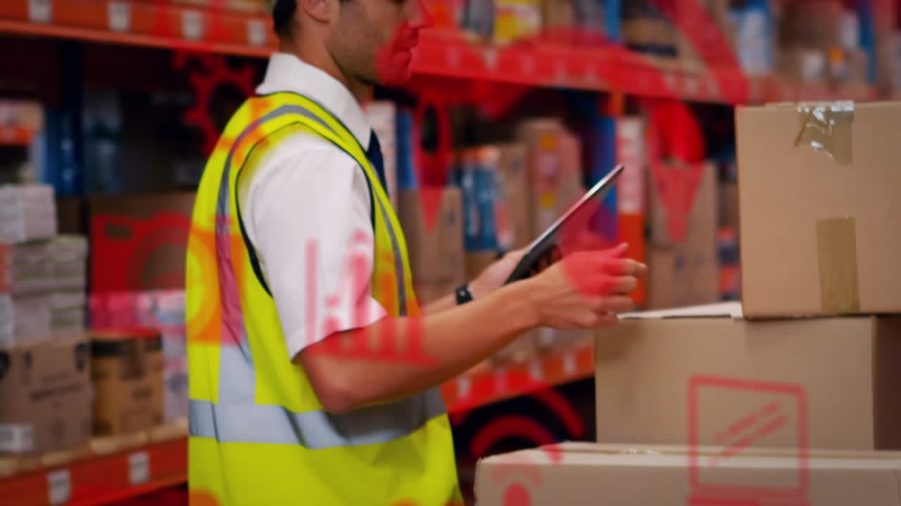 animación de iconos digitales sobre el hombre usando tableta en el almacén