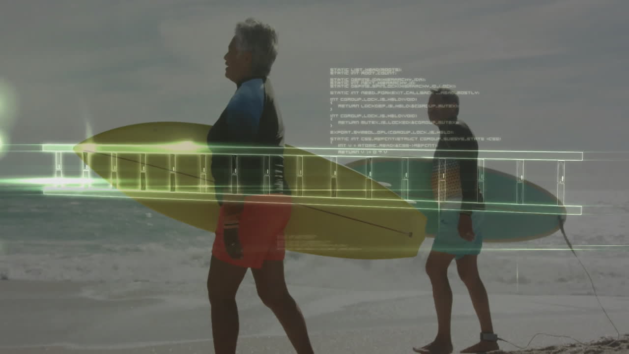 senior couple walking shoreline, with health tech concept using glowing DNA helix and floating code