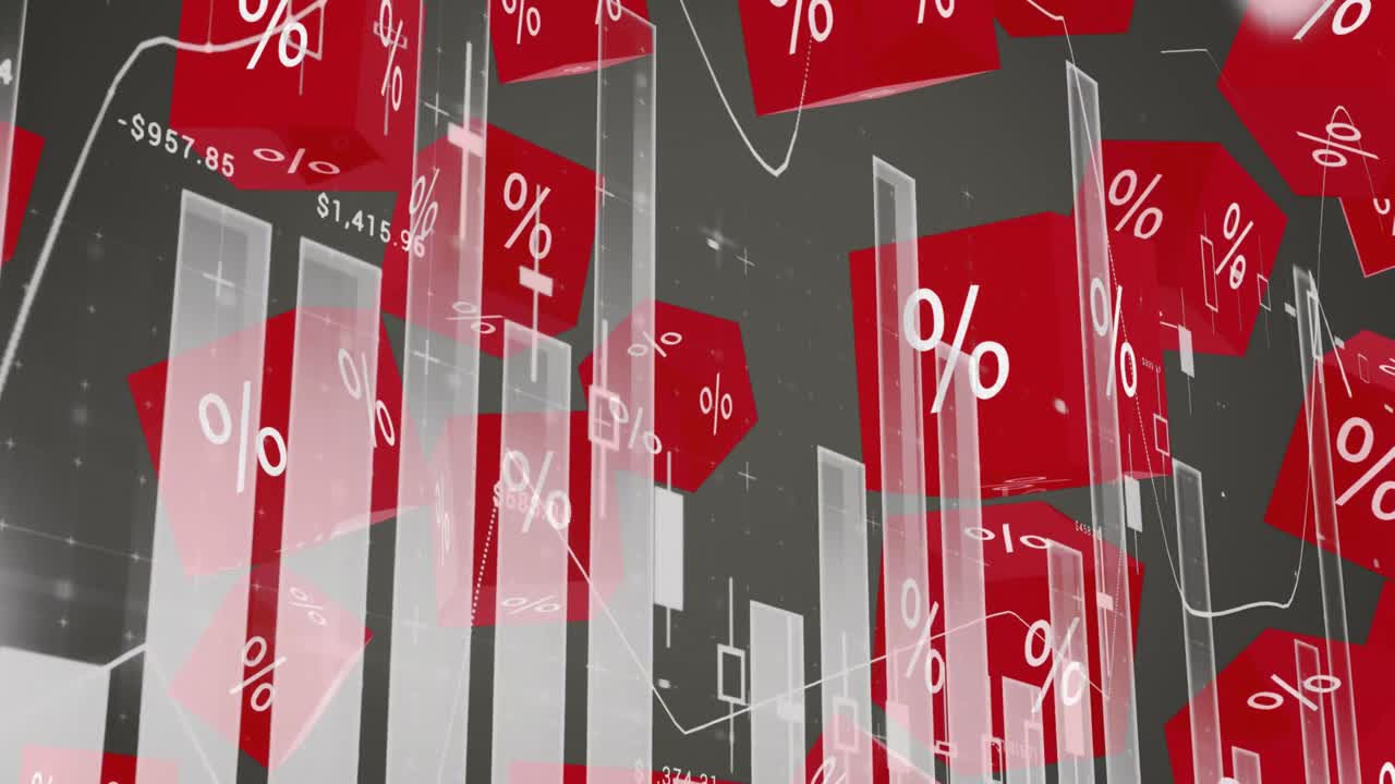 анимация красных кубов с знаком процента над графиками и статистикой