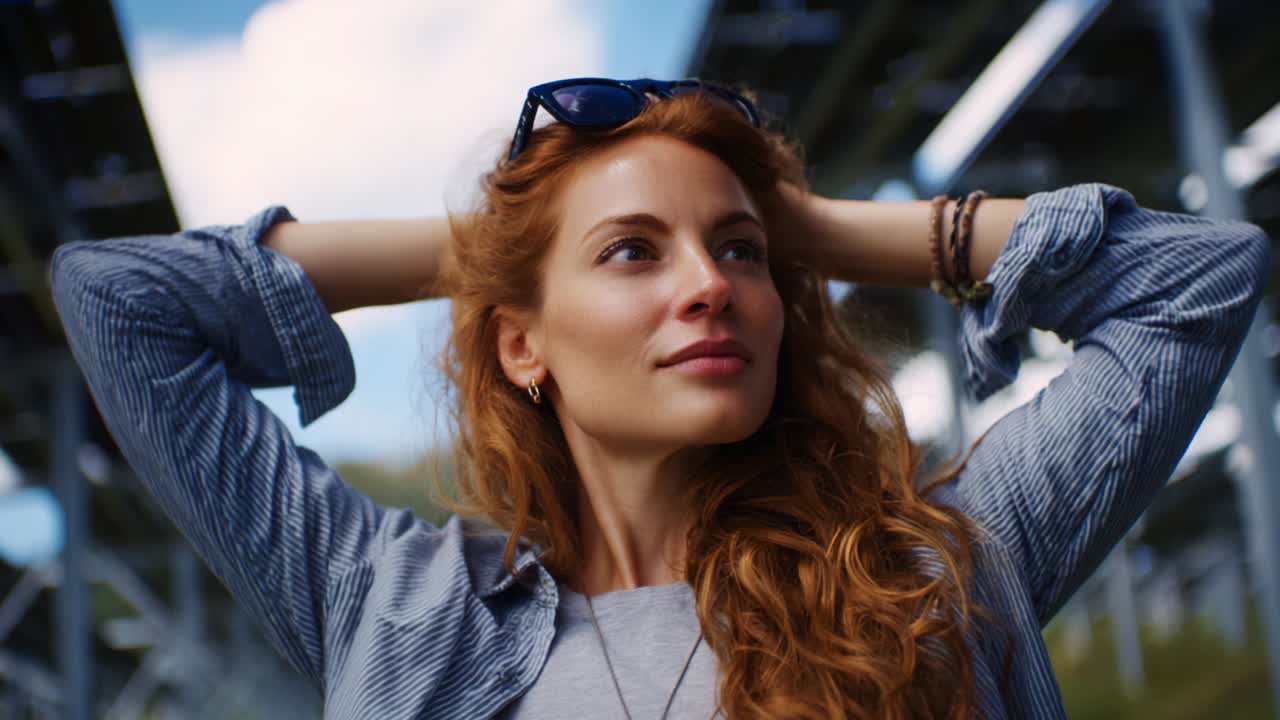 A confident woman with flowing red hair strikes a serene pose, gazing thoughtfully into the distance, accented by a stylish shirt and sunglasses, framed by a modern structure and a bright sky