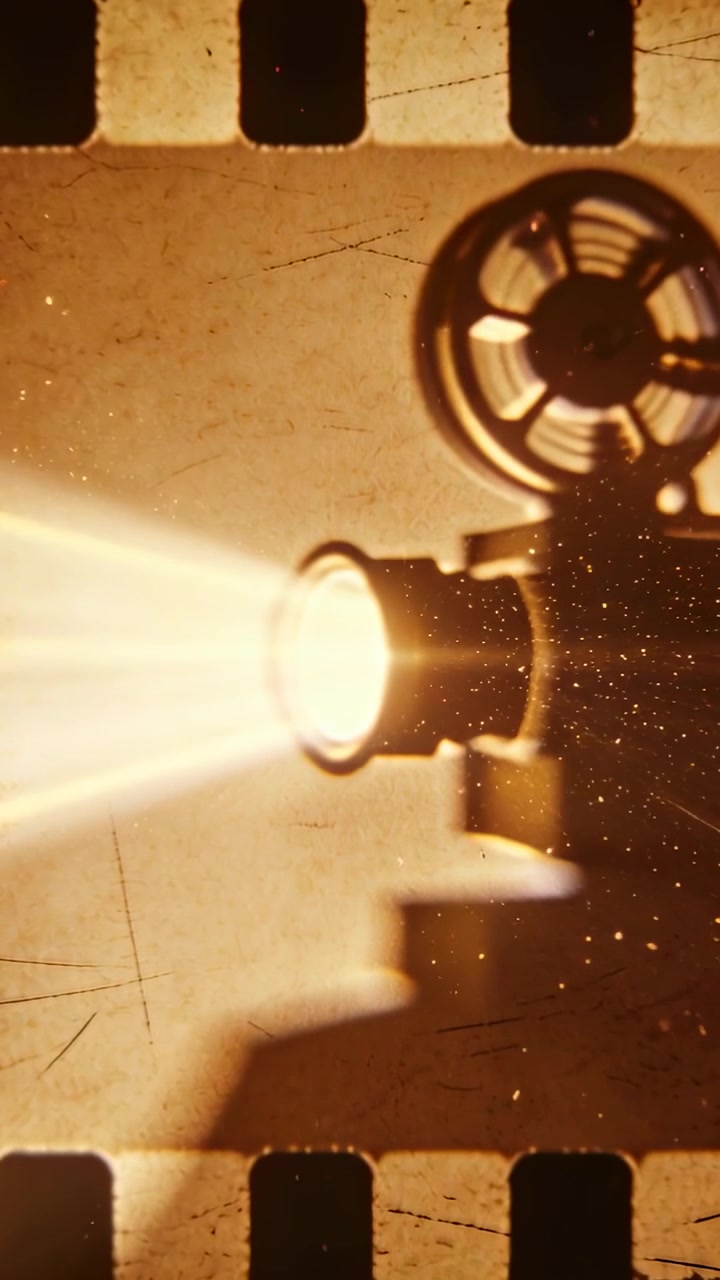 Vídeo vertical: Lâmpada aquecendo projetor vintage projetando feixe pela cabine, com rolo para exibir filme