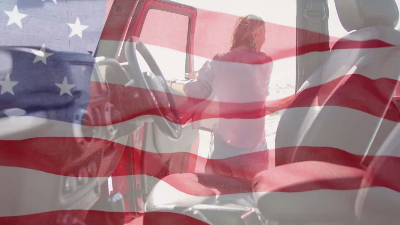 Animation of flag of usa over caucasian woman getting out of car on beach