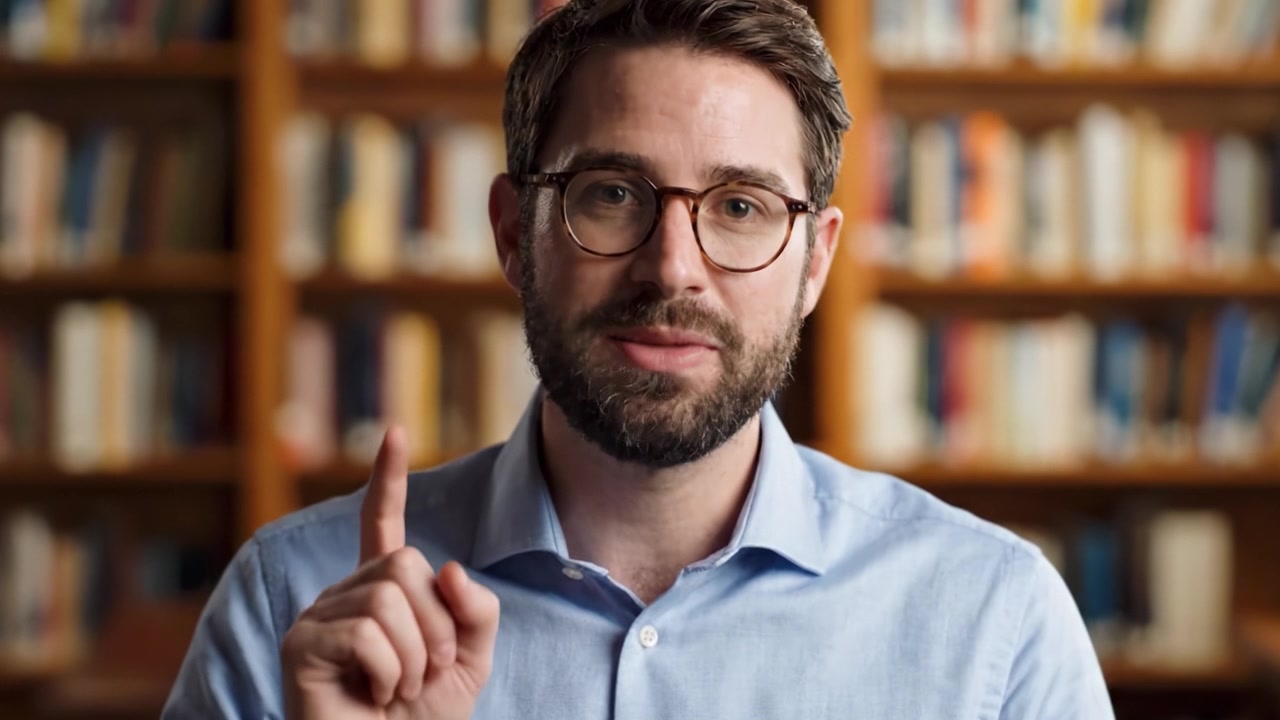 Um homem exibindo um sorriso caloroso e um comportamento envolvente, sentado em frente a uma estante cheia de vários livros, criando uma atmosfera convidativa para conversas e conexões