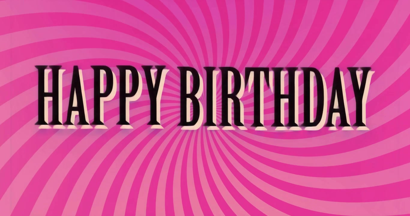 Avvio della riproduzione, motivo a spirale rosa che presenta il testo in grassetto 'BUON COMPLEANNO' per celebrare l'occasione.