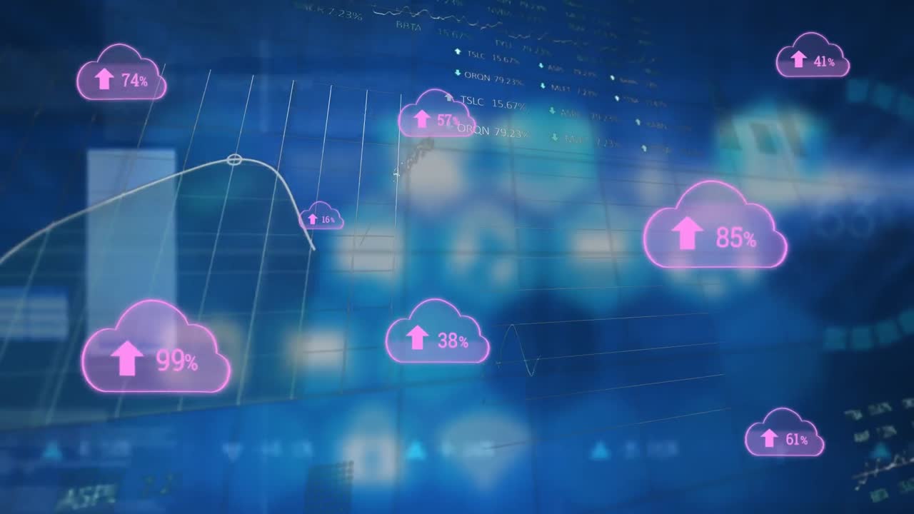 animación del procesamiento de datos financieros sobre nubes rosadas con porcentaje