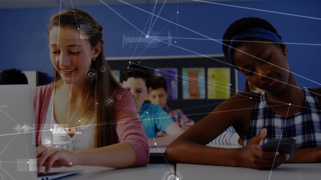 Animation of connections over happy diverse students using technology at school