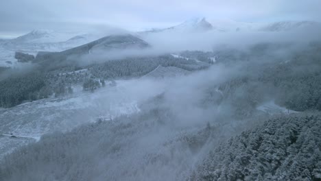 Bosque-Invernal-Y-Paisaje-Montañoso-Cubierto-De-Niebla-Y-Nubes-Al-Amanecer.