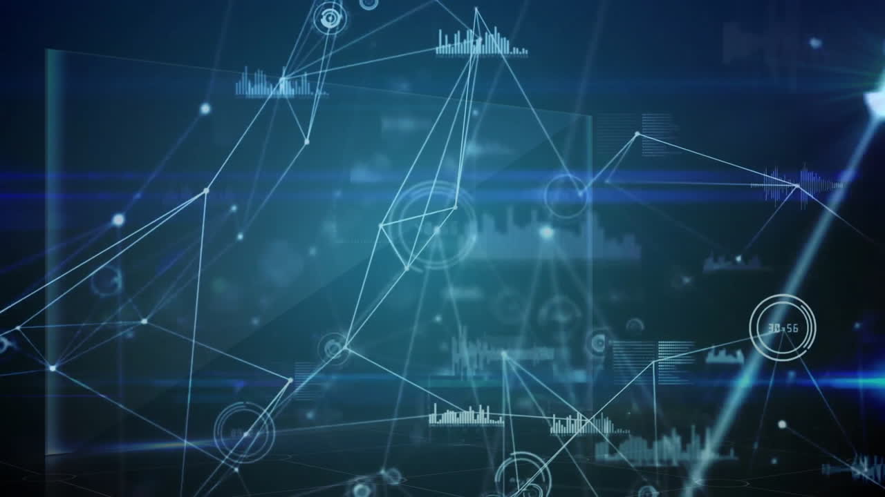 Animation of network of connections with icons over dark background