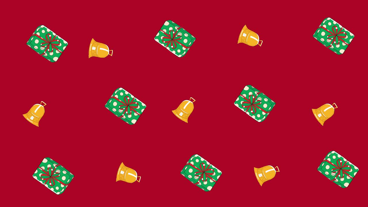 여러 개의 크리스마스 선물과 벨이  ⁇ 은 배경에 움직이고 있습니다.